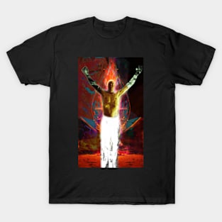 Portrait, digital collage and special processing. Shirtless man, stands. All chakras opened. Mystic. T-Shirt